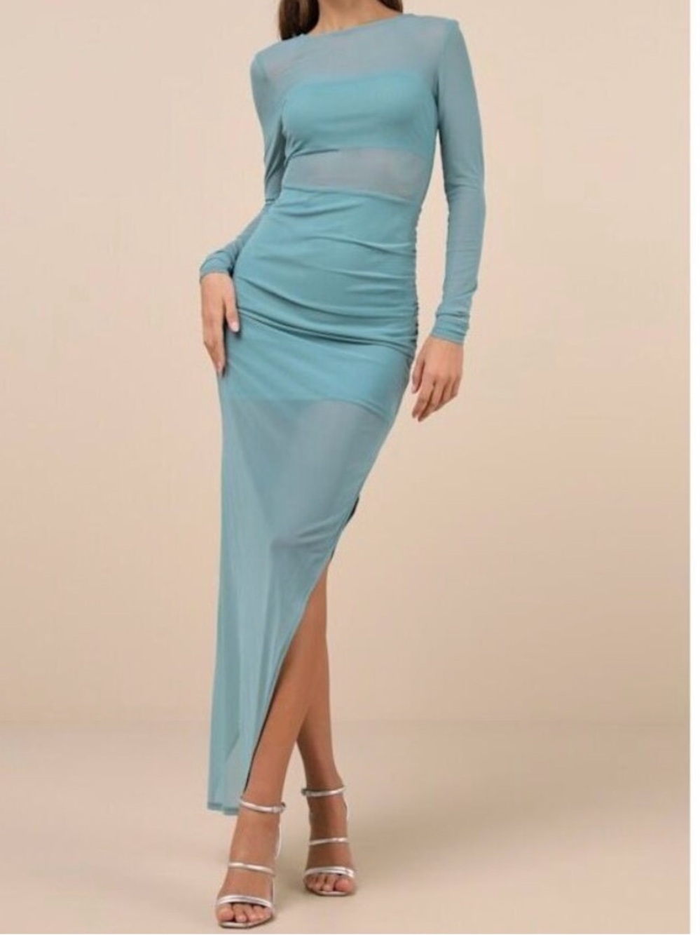 Lulu's Aqua Long Sleeve Ruched Maxi Dress
